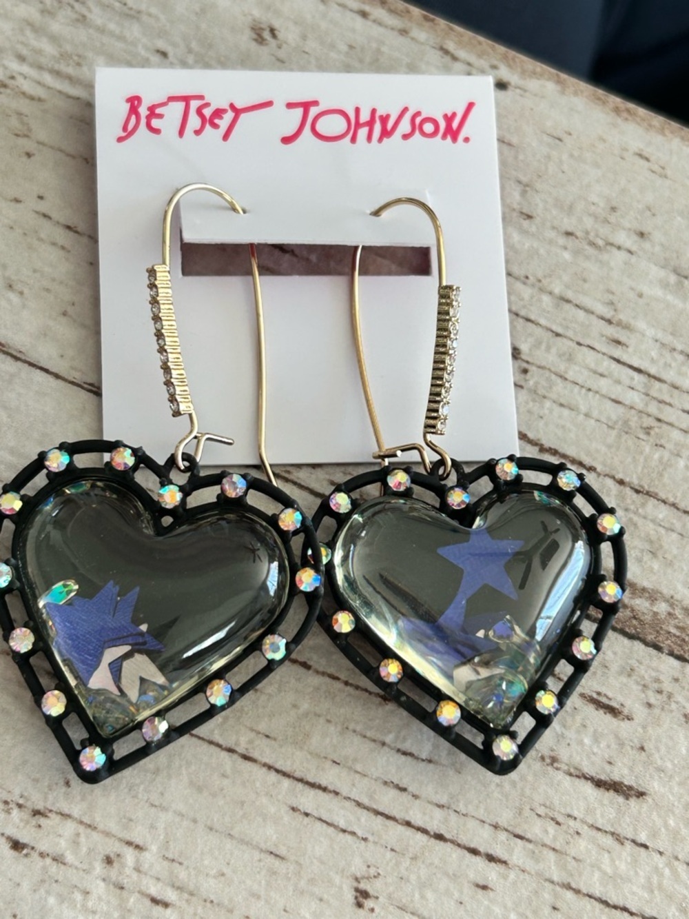 Betsey Johnson Black Heart Drop Earrings with Iridescent Stones